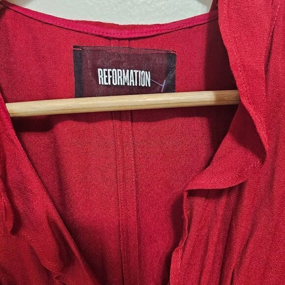 Reformation Ruffled Front Cut Out Heidi Midi Dress 3/4 Sleeve ruffle red Sz 0 - Picture 9 of 13